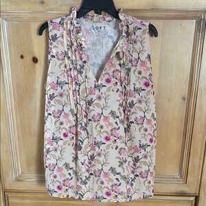 LOFT Cream Ruffled Sleeveless Blouse with Bib Collar